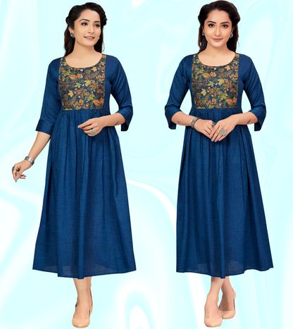 Affectionate Blue Rayon Printed Flared Feeding Kurta