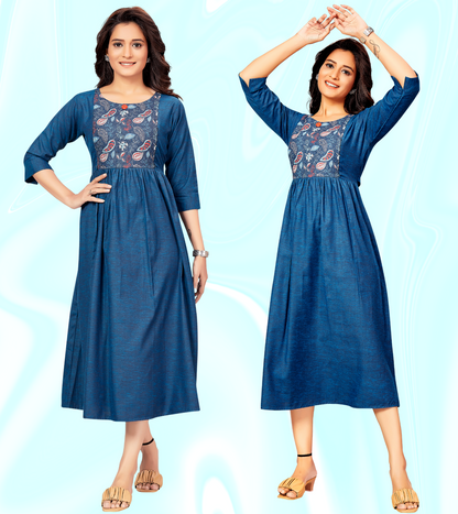 Classic Blue Rayon Printed Flared Feeding Kurta