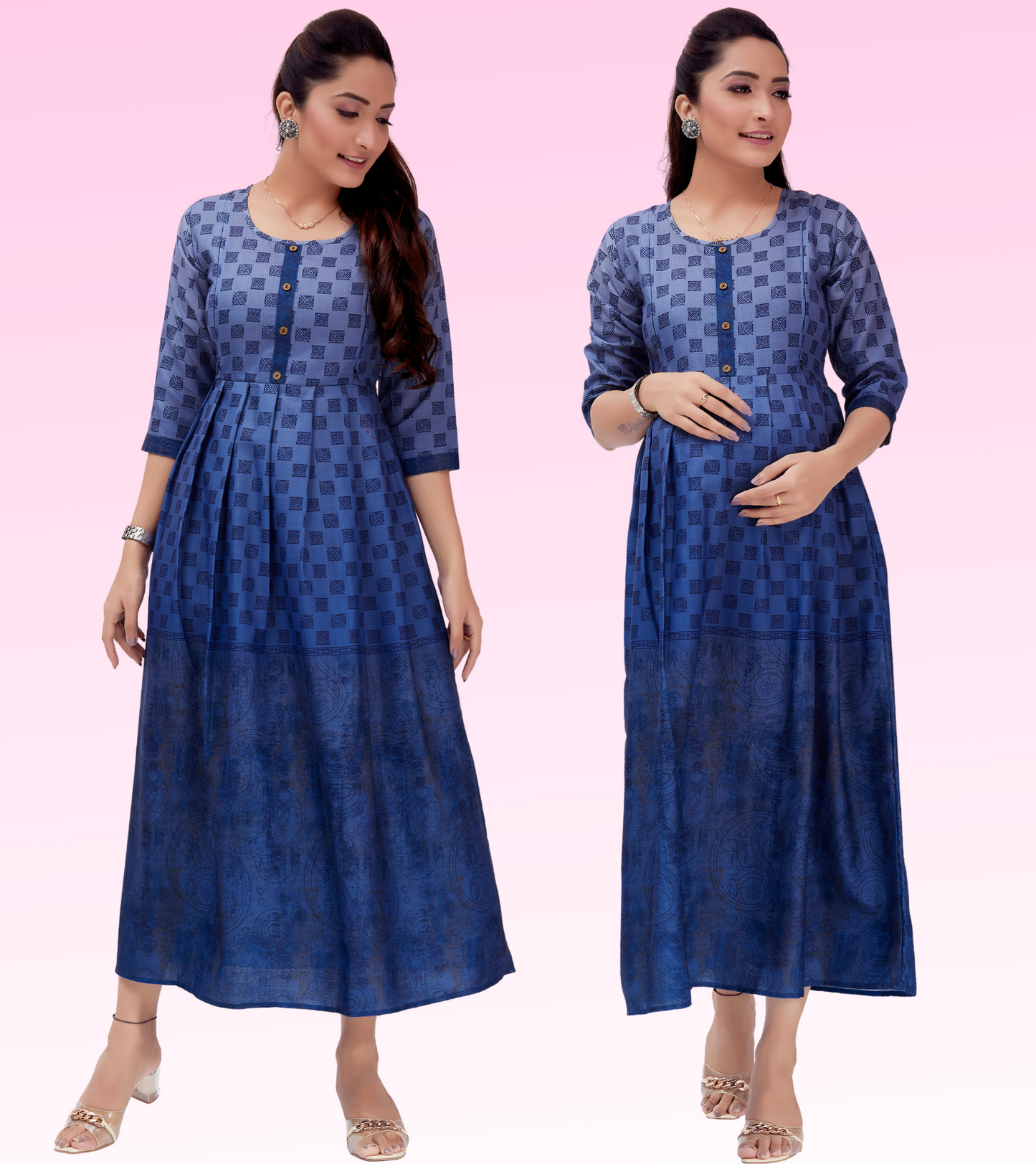 Brilliant Blue Cotton Printed Flared Feeding Kurta