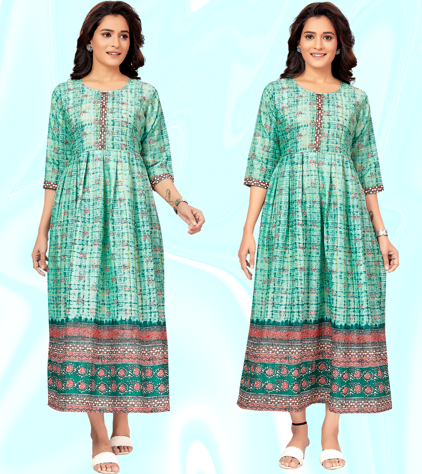 Flowy Green-Cotton-Printed-Flared-Feeding Kurta