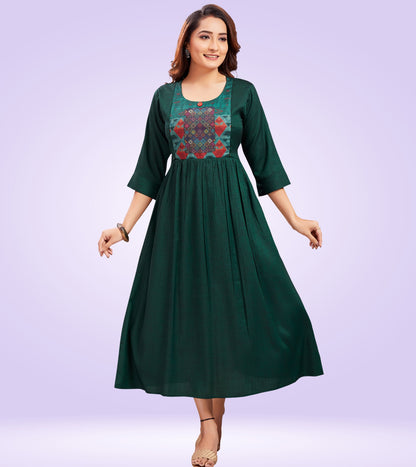 Bottle Green Rayon Printed Flared Feeding Kurta