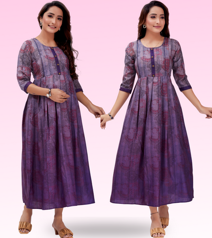 Charming Purple Cotton Printed Flared Feeding Kurta