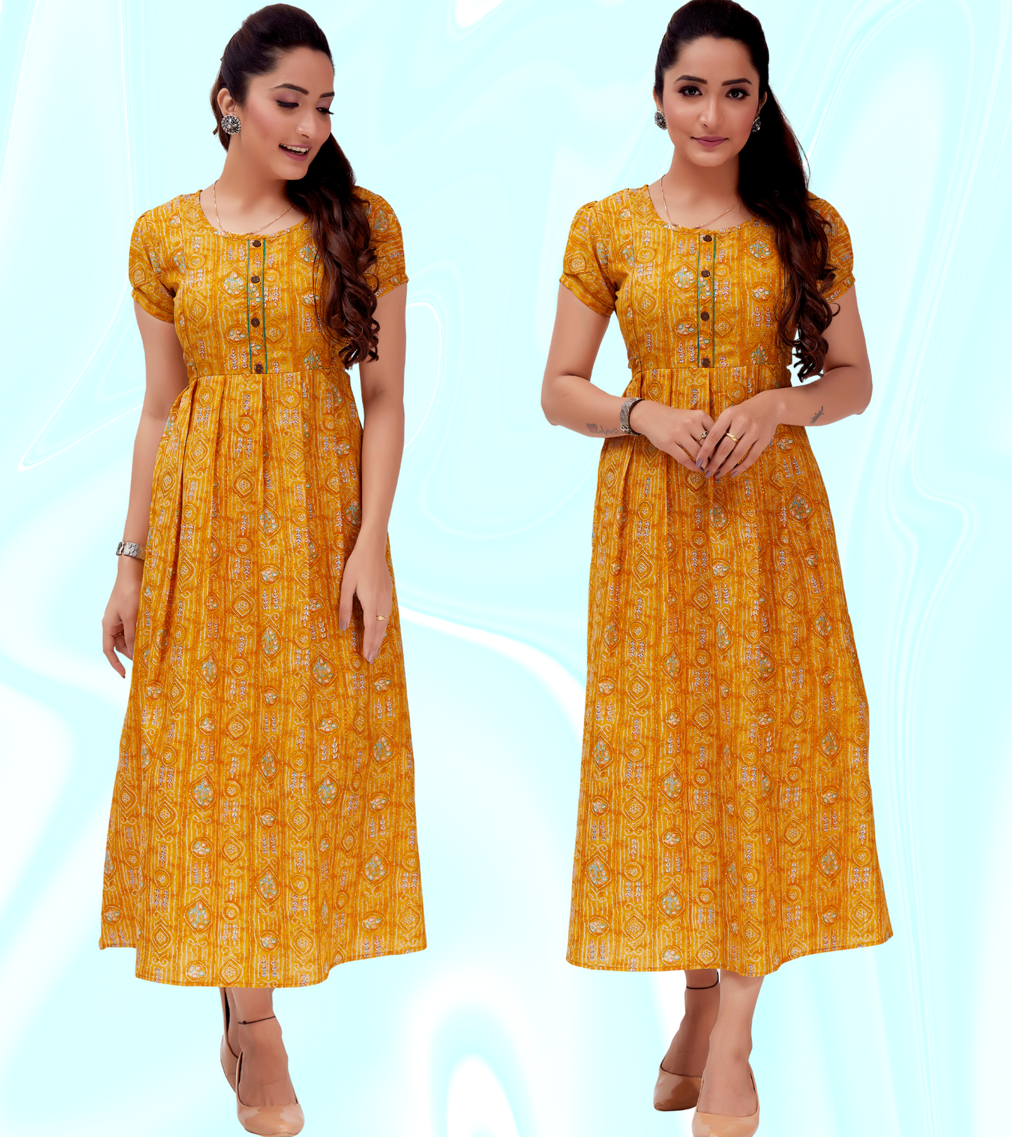 Classic Yellow Cotton Blend Printed Flared Feeding Kurta