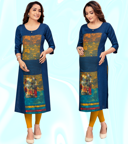 Affectionate Blue Rayon Printed Straight Feeding Kurta