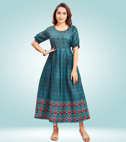 Peacock Green Cotton Printed Flared Feeding Kurta