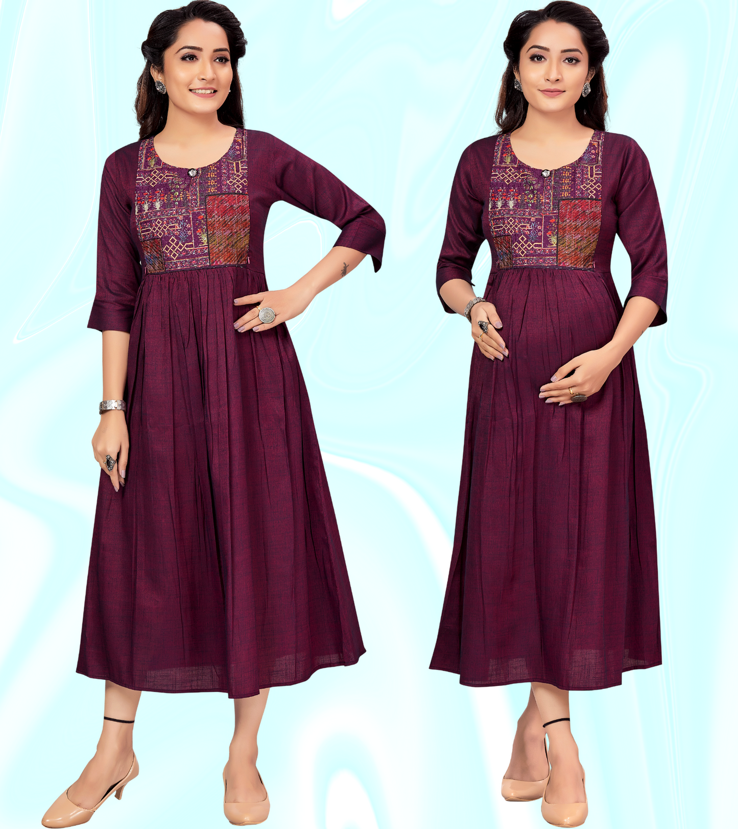 Delightful Purple Rayon Printed Flared Feeding Kurta