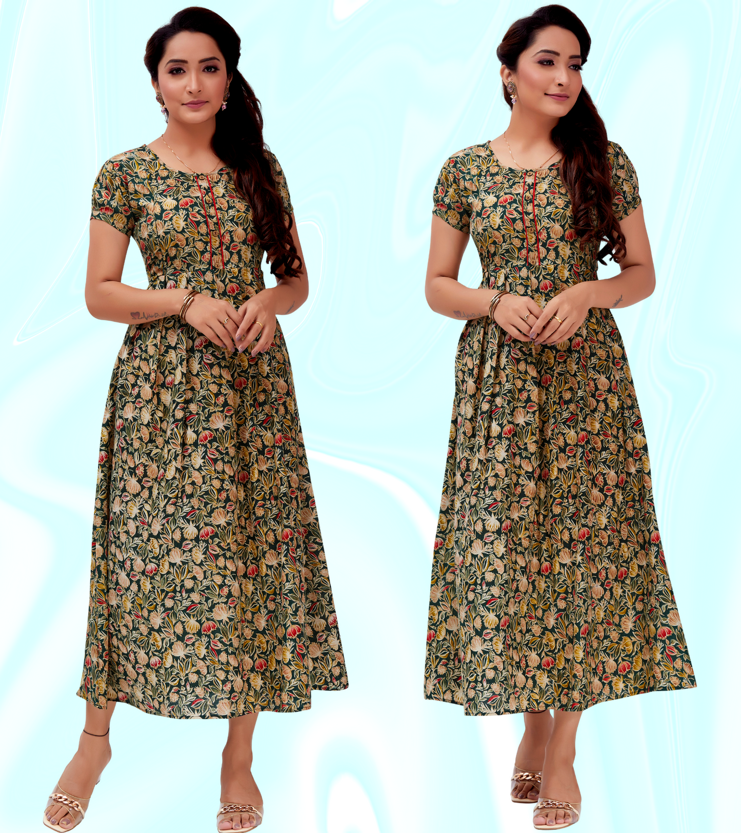 Adorable Green Cotton Blend Printed Flared Feeding Kurta