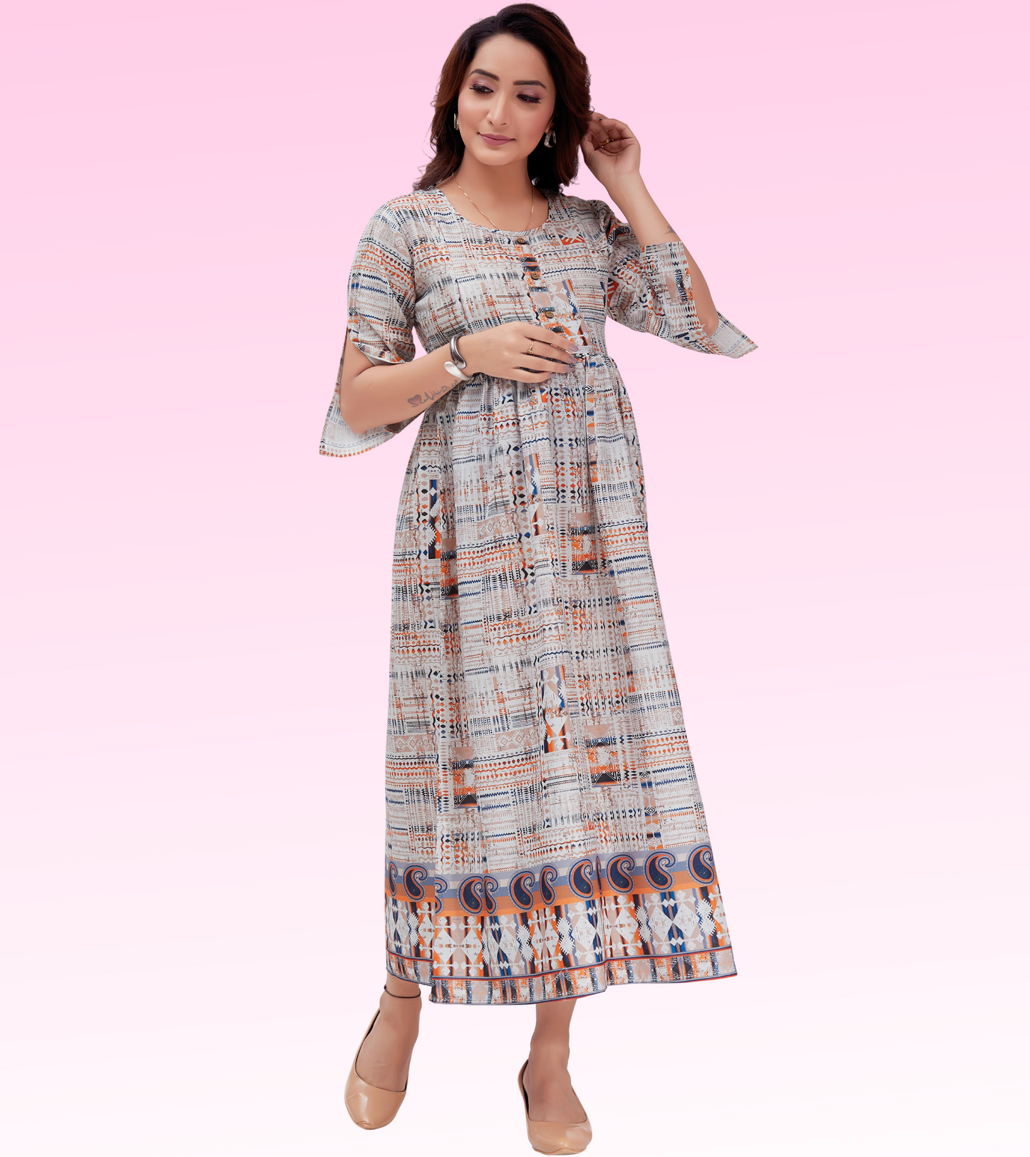 Evening Beige Cotton Printed Flared Feeding Kurta