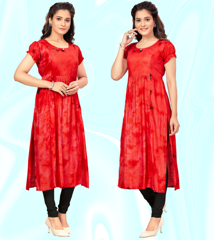 Tomato Red Rayon Printed Straight Feeding Kurta