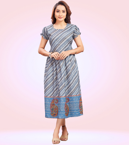 Blissful Blue Cotton Printed Straight Zipless Feeding Kurta