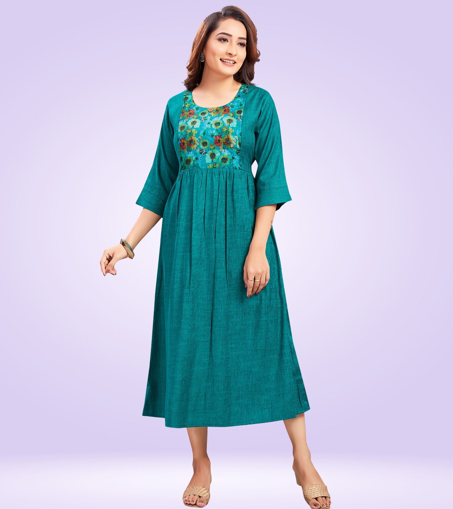 Ferozi Green Rayon Printed Flared Feeding Kurta