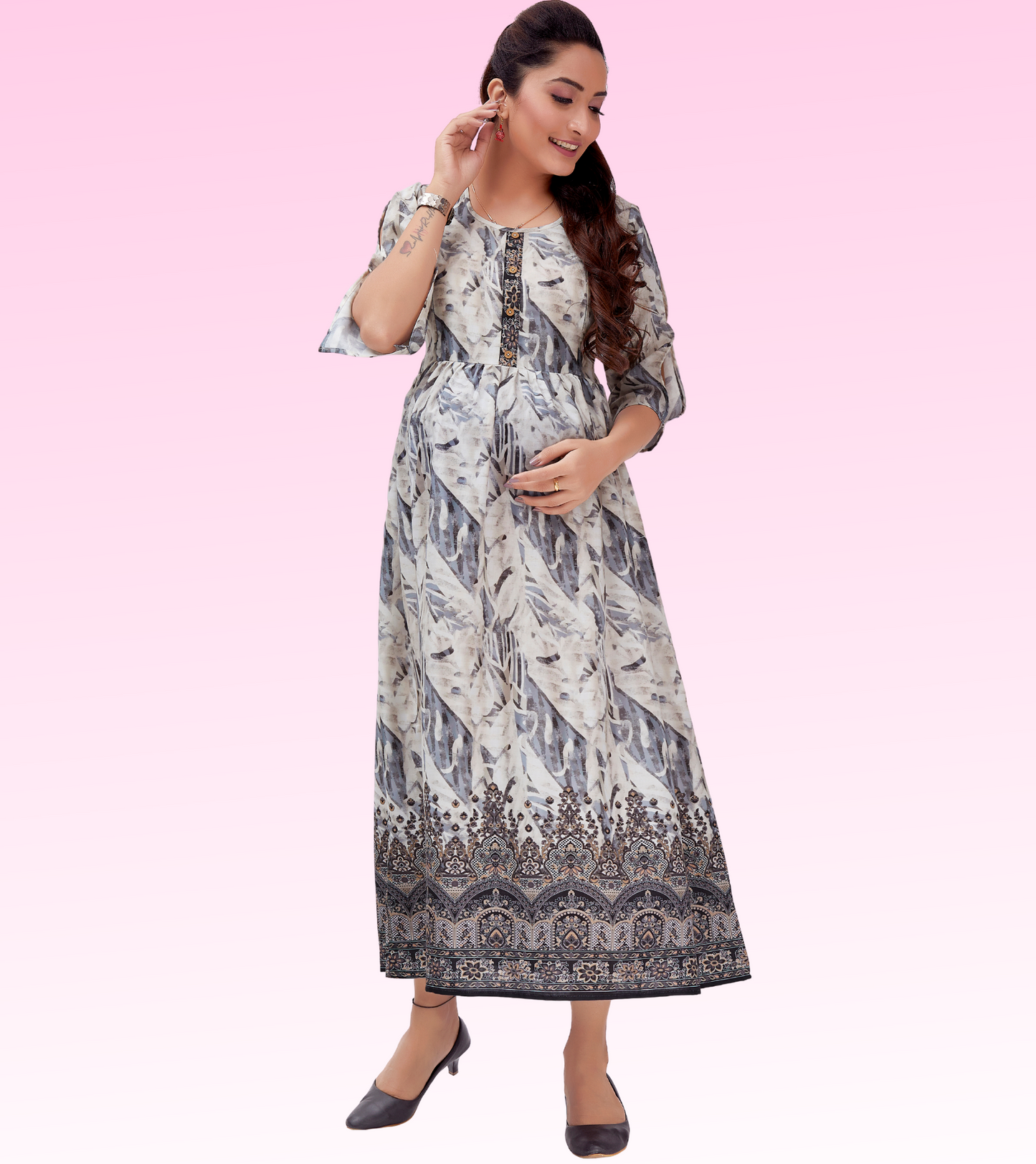 Divine grey Cotton Printed Flared Feeding Kurta