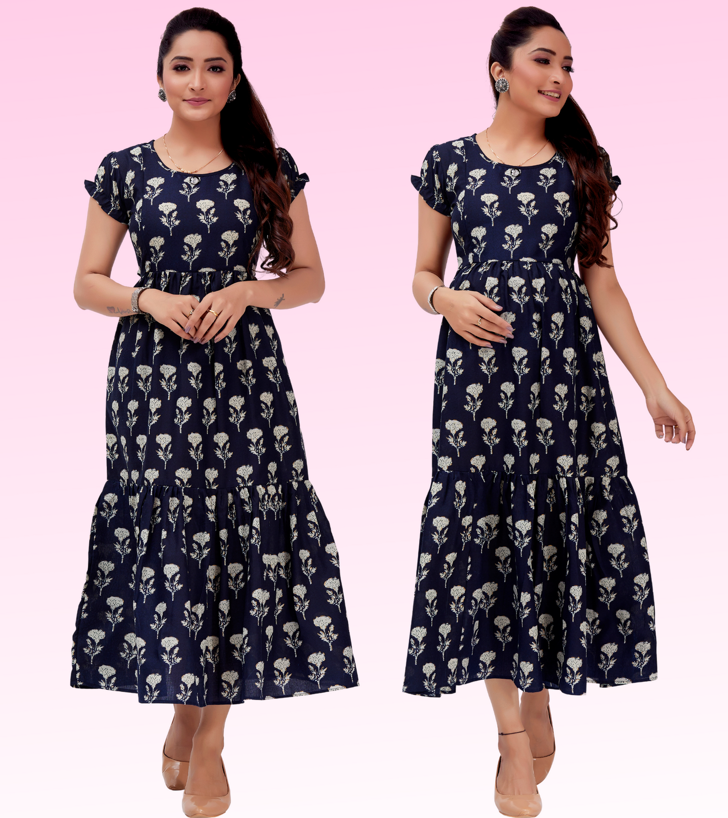 Sensational Blue Cotton Blend Printed Layered Anarkali Feeding Kurta