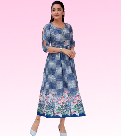 Exotic Blue Cotton Printed Flared Feeding Kurta