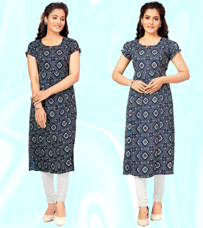 Moody Blue Poly Wrinkle Printed Straight Feeding Kurta