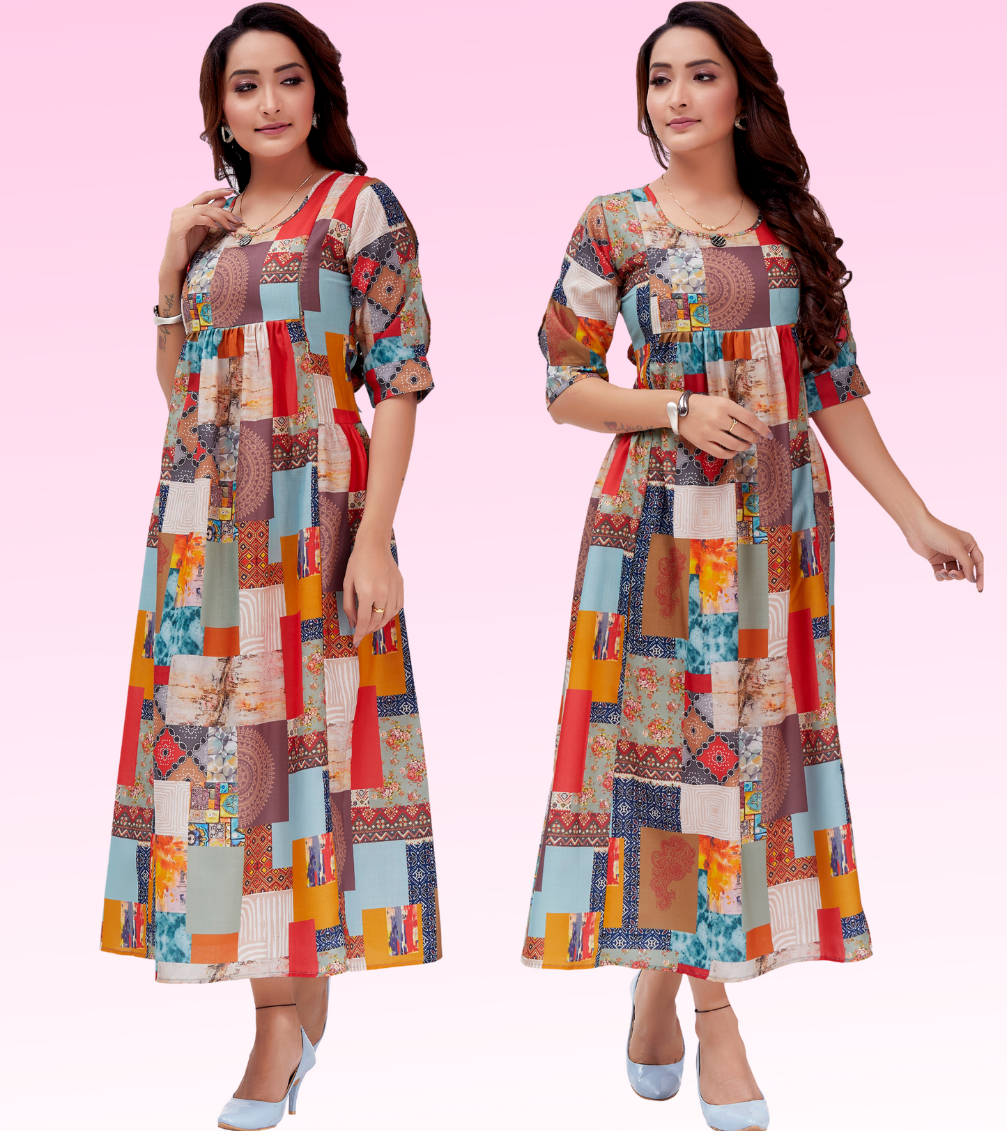 Multi Colour Cotton Printed Flared Feeding Kurta