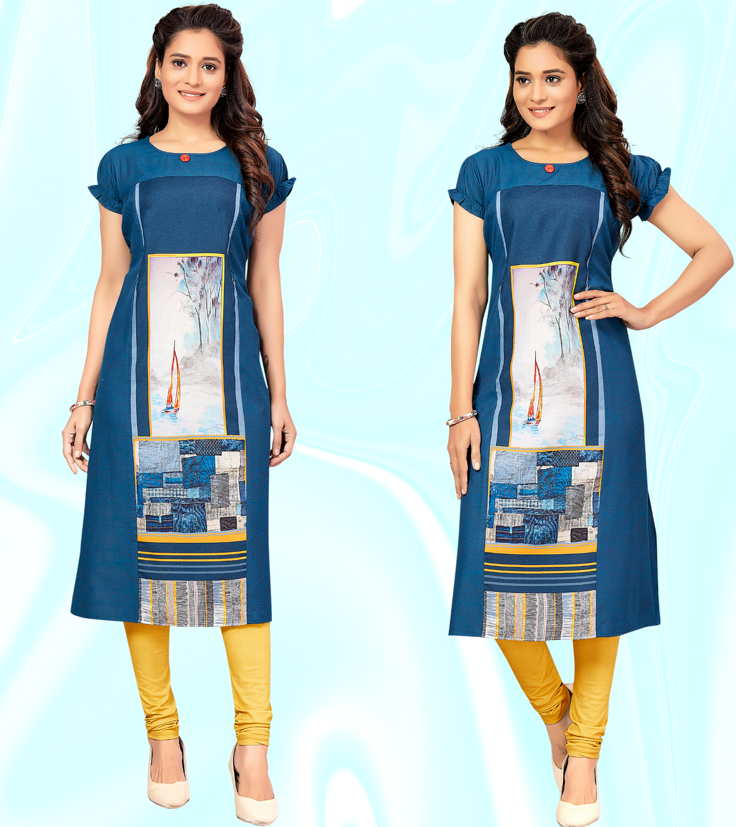 Classic Blue Rayon Printed Straight Feeding Kurta