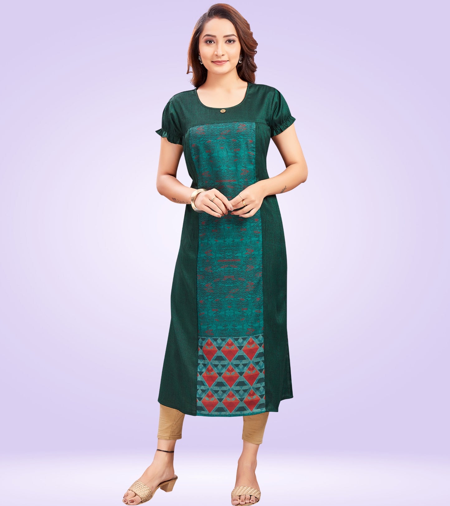 Bottle Green Rayon Printed Straight Feeding Kurta