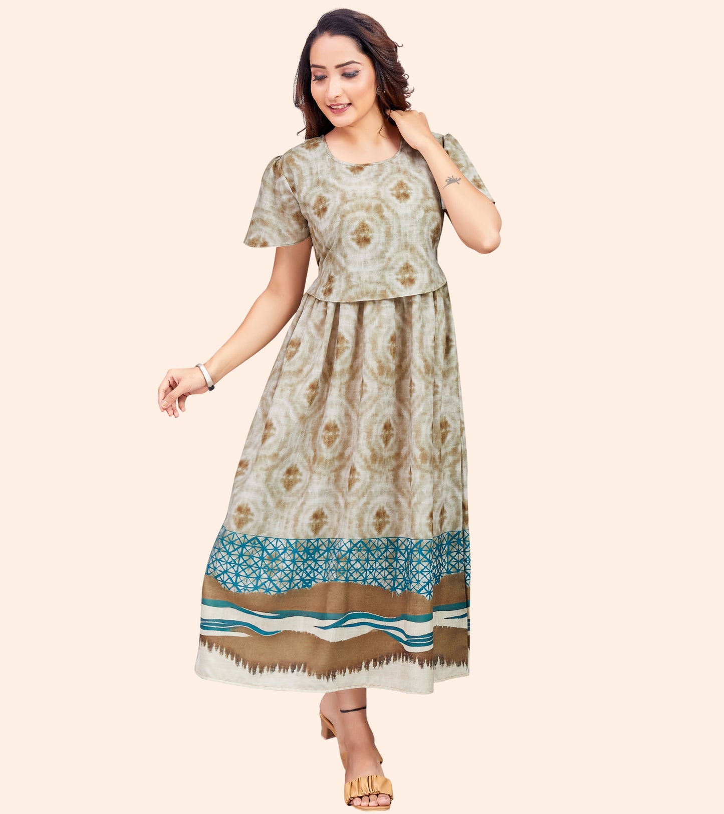 Stylish Beige Cotton Printed Flared Zipless Feeding Kurta