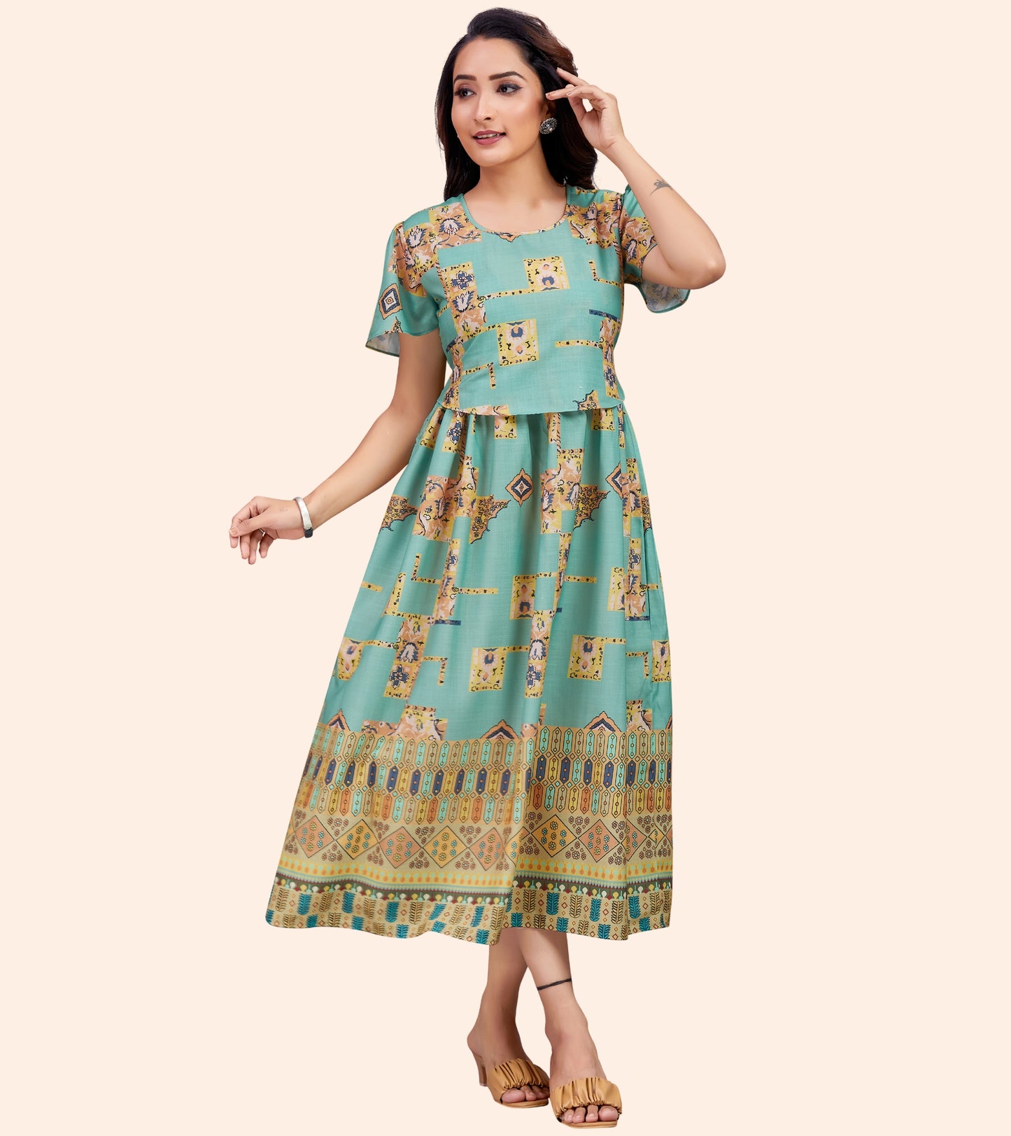 Emerals Green Cotton Printed Flared Zipless Feeding Kurta