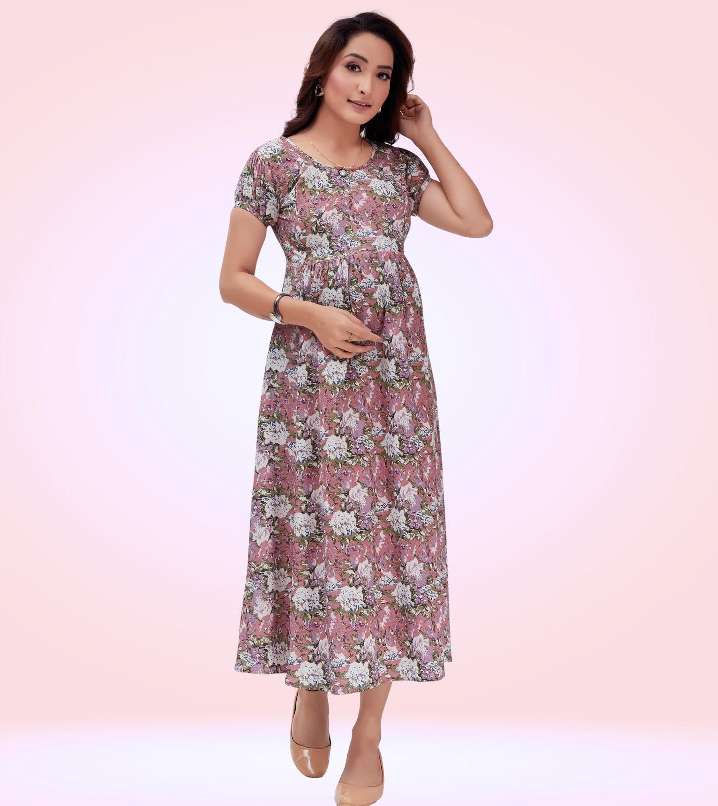 Mesmerizing Pink Poly Wrinkle Printed Flared Feeding Dress