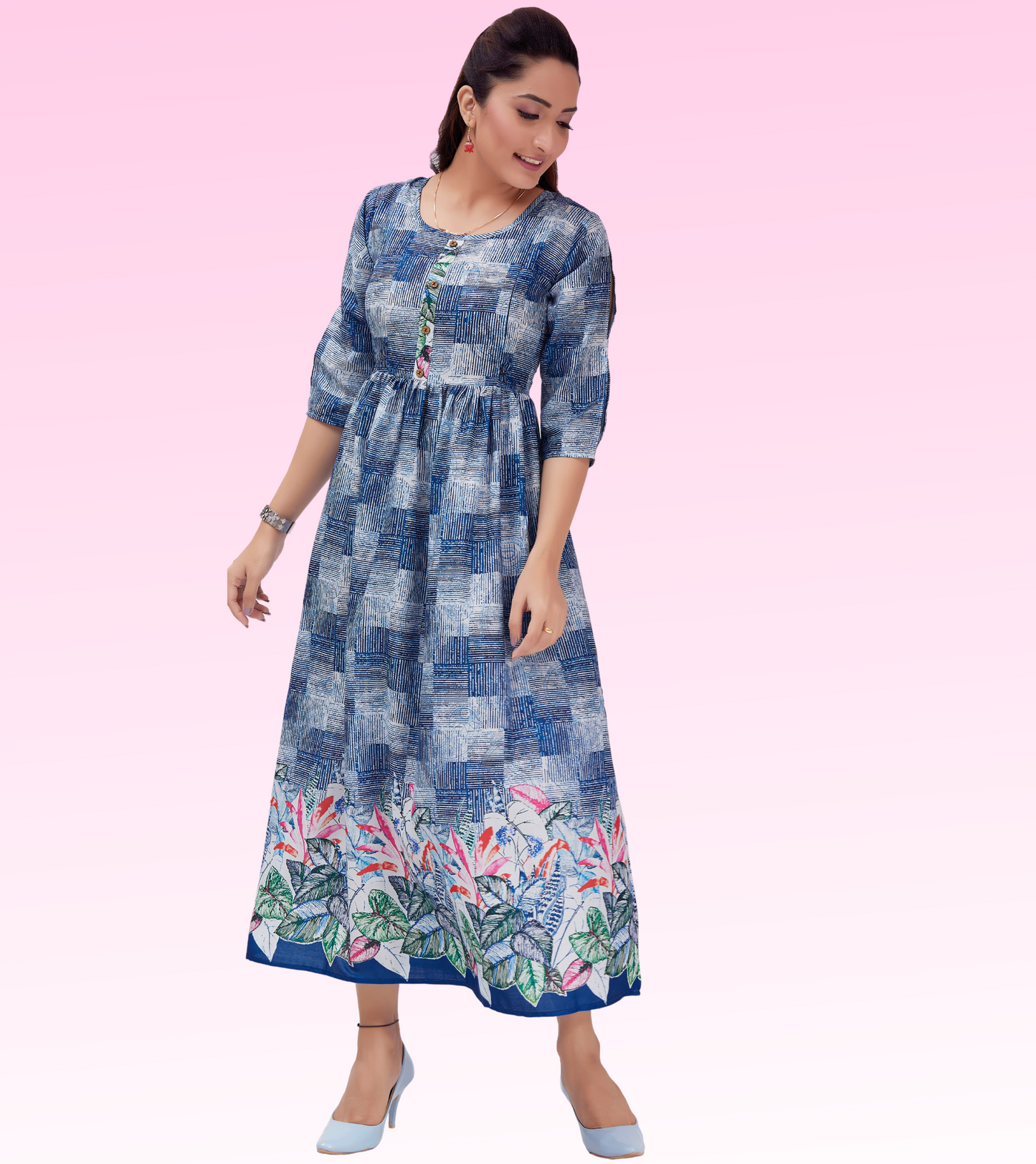 Exotic Blue Cotton Printed Flared Feeding Kurta