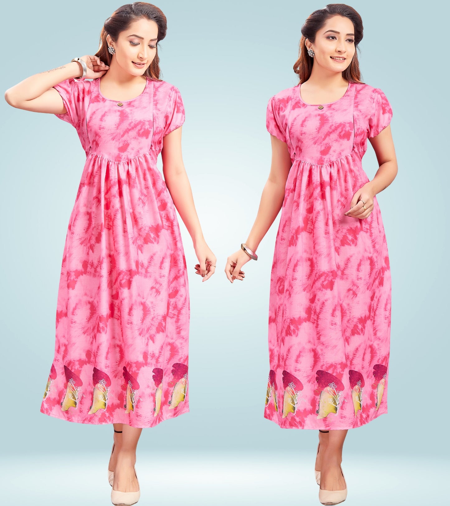 Awesome Pink Cotton Printed Flared Feeding Kurta