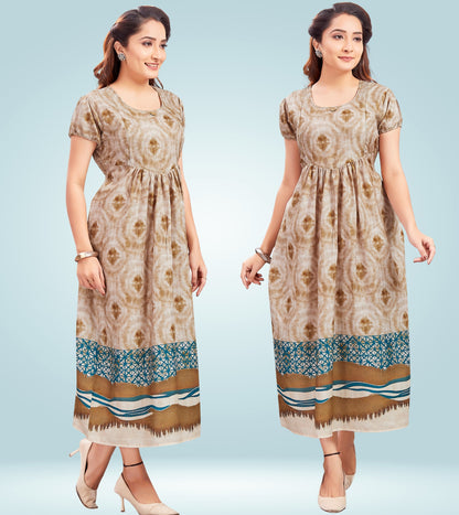 Amusing Beige Cotton Printed Flared Feeding Kurta