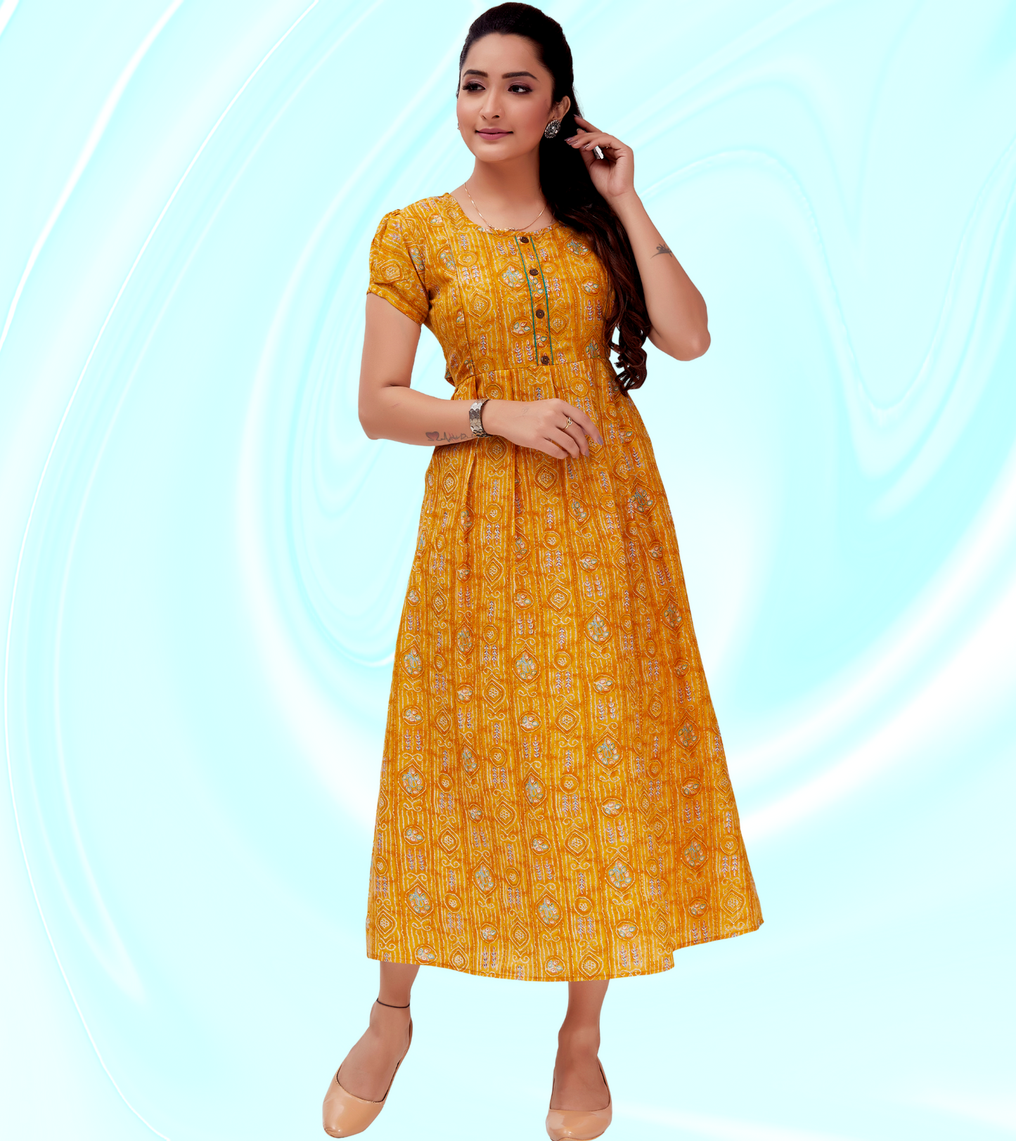 Classic Yellow Cotton Blend Printed Flared Feeding Kurta