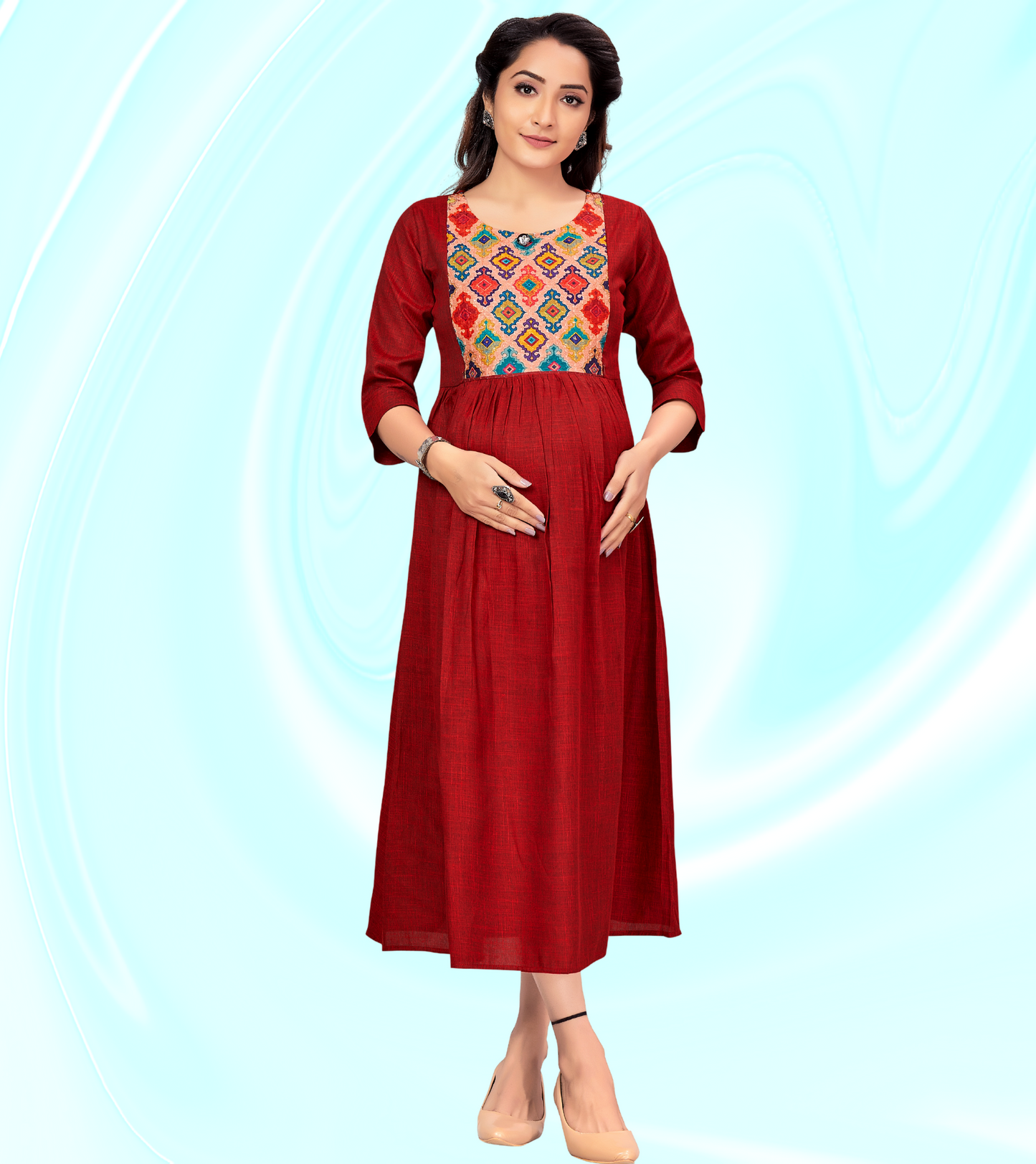 Exotic Red Rayon Printed Flared Feeding Kurta