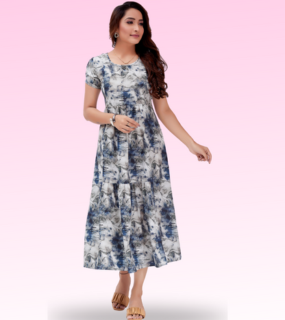 Stylish Blue Cotton Printed Flared Feeding Kurta