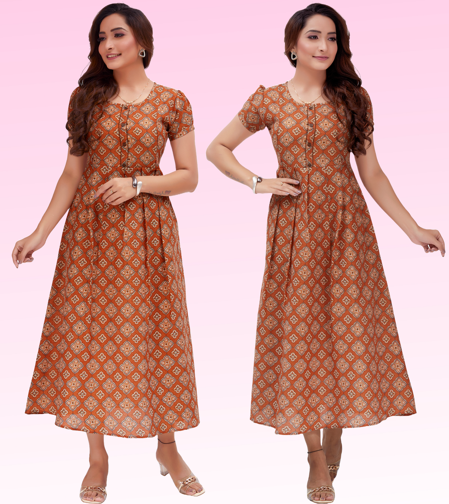 Classy Rust Cotton Blend Printed Flared Feeding Kurta