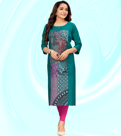 Matchless Green Rayon Printed Straight Feeding Kurta