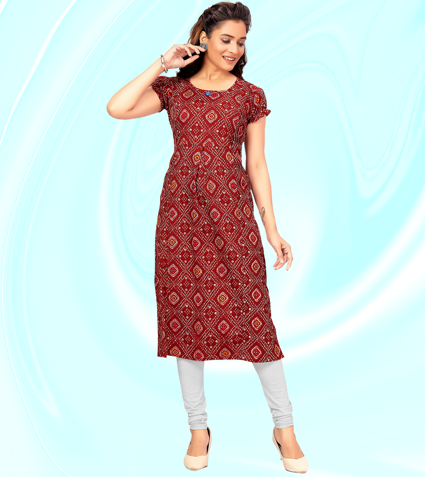 Jazzy Maroon Poly Wrinkle Printed Straight Feeding Kurta