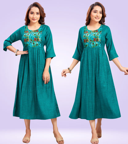 Ferozi Green Rayon Printed Flared Feeding Kurta