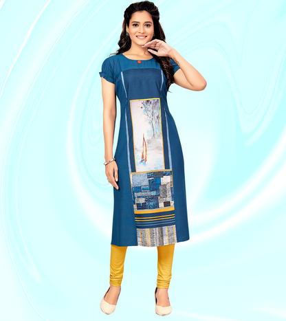 Classic Blue Rayon Printed Straight Feeding Kurta