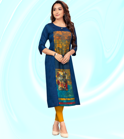 Affectionate Blue Rayon Printed Straight Feeding Kurta