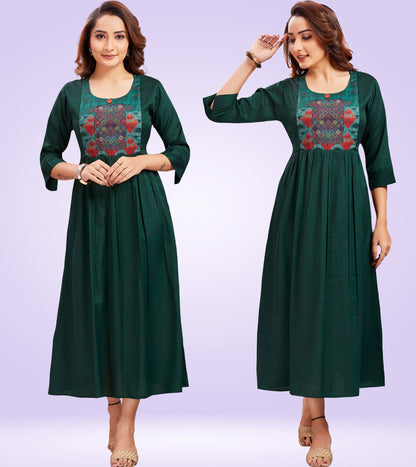 Bottle Green Rayon Printed Flared Feeding Kurta