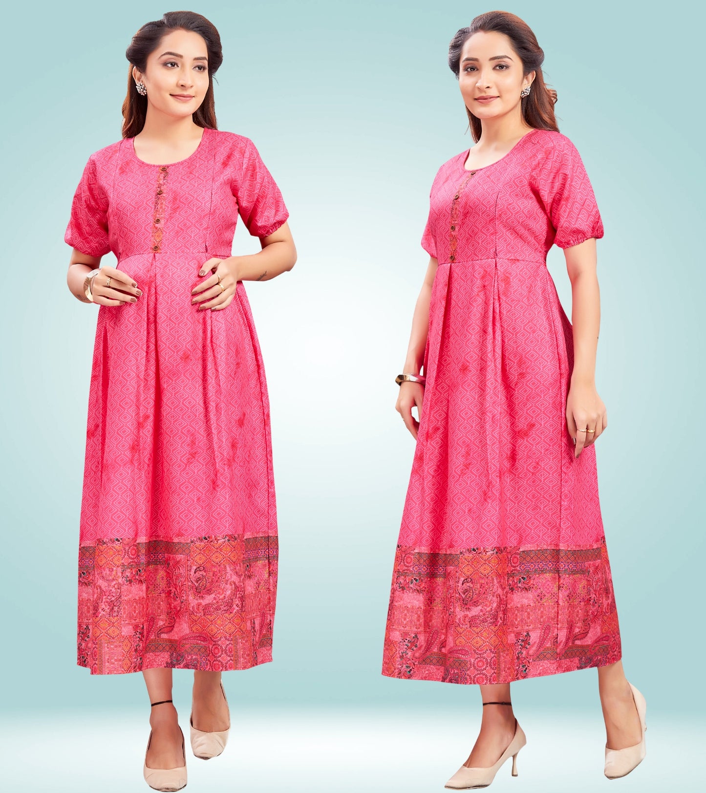 Stunning Pink Cotton Printed Flared Feeding Kurta