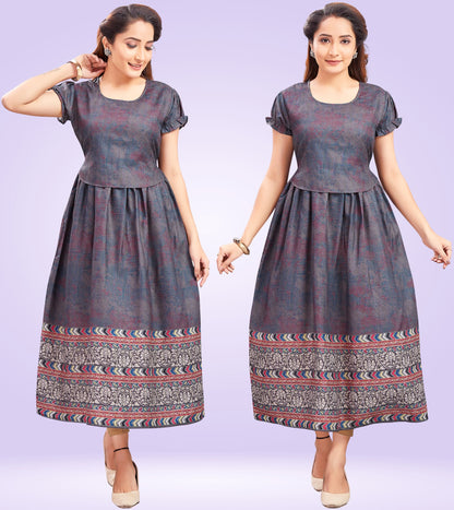 Flowy Grey Cotton Printed Flared Zipless Feeding Kurta