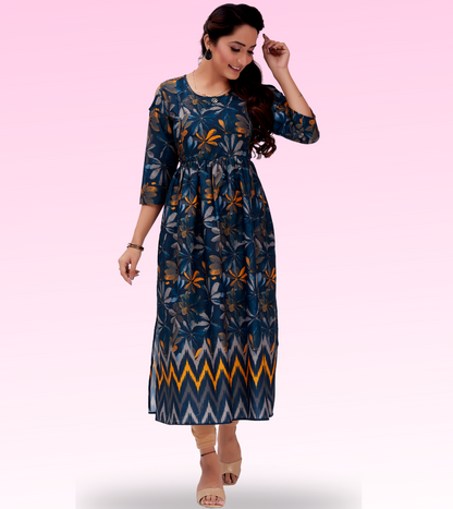 Stunning Blue Cotton Printed Flared Feeding Kurta