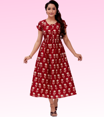 Marvelous Red Cotton Blend Printed Layered Anarkali Feeding Kurta