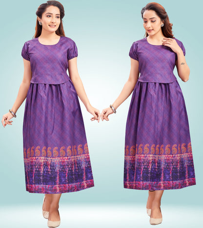 Classy Purple Cotton Printed Flared Zipless Feeding Kurta