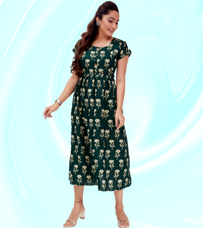 Outstanding Green Cotton Blend Printed Flared Feeding Kurta