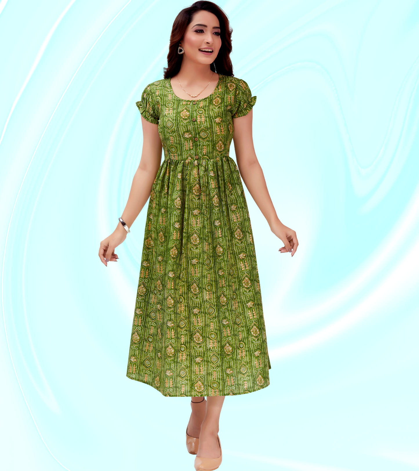 Heavenly Green Cotton Blend Printed Flared Feeding Kurta