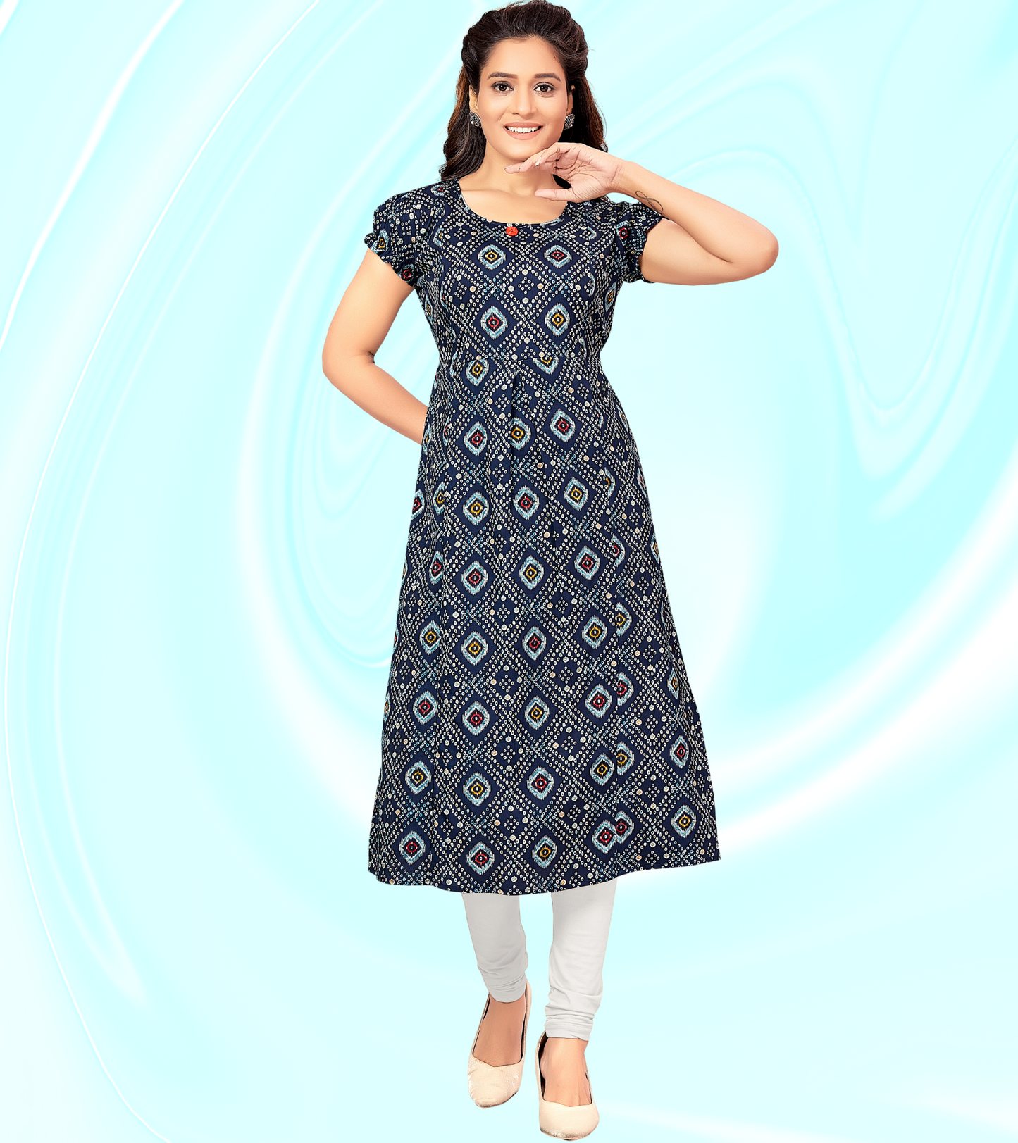 Moody Blue Poly Wrinkle Printed Straight Feeding Kurta