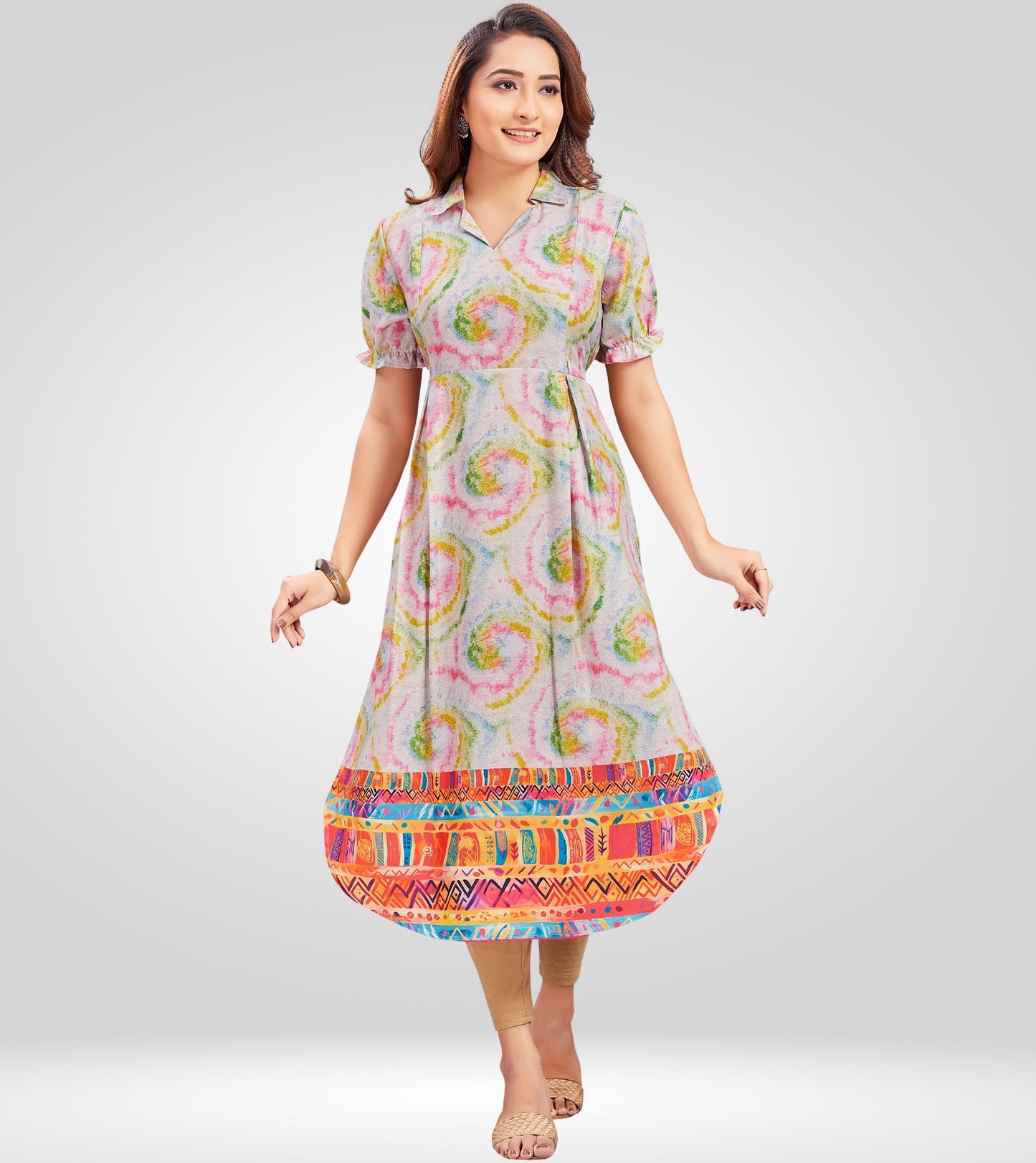 Playful Creame Cotton Collared Neck Straight Feeding Kurta