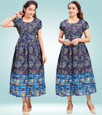 Dreamy Blue Cotton Printed Flared Zipless Feeding Kurta