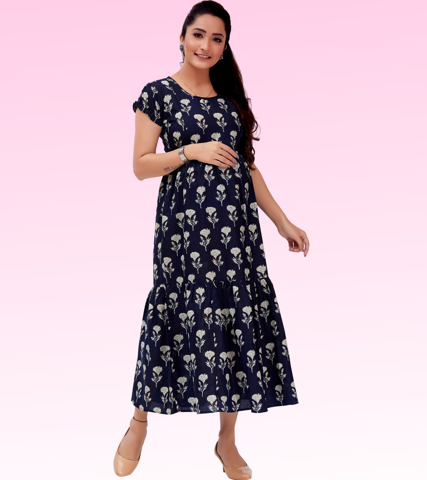 Sensational Blue Cotton Blend Printed Layered Anarkali Feeding Kurta