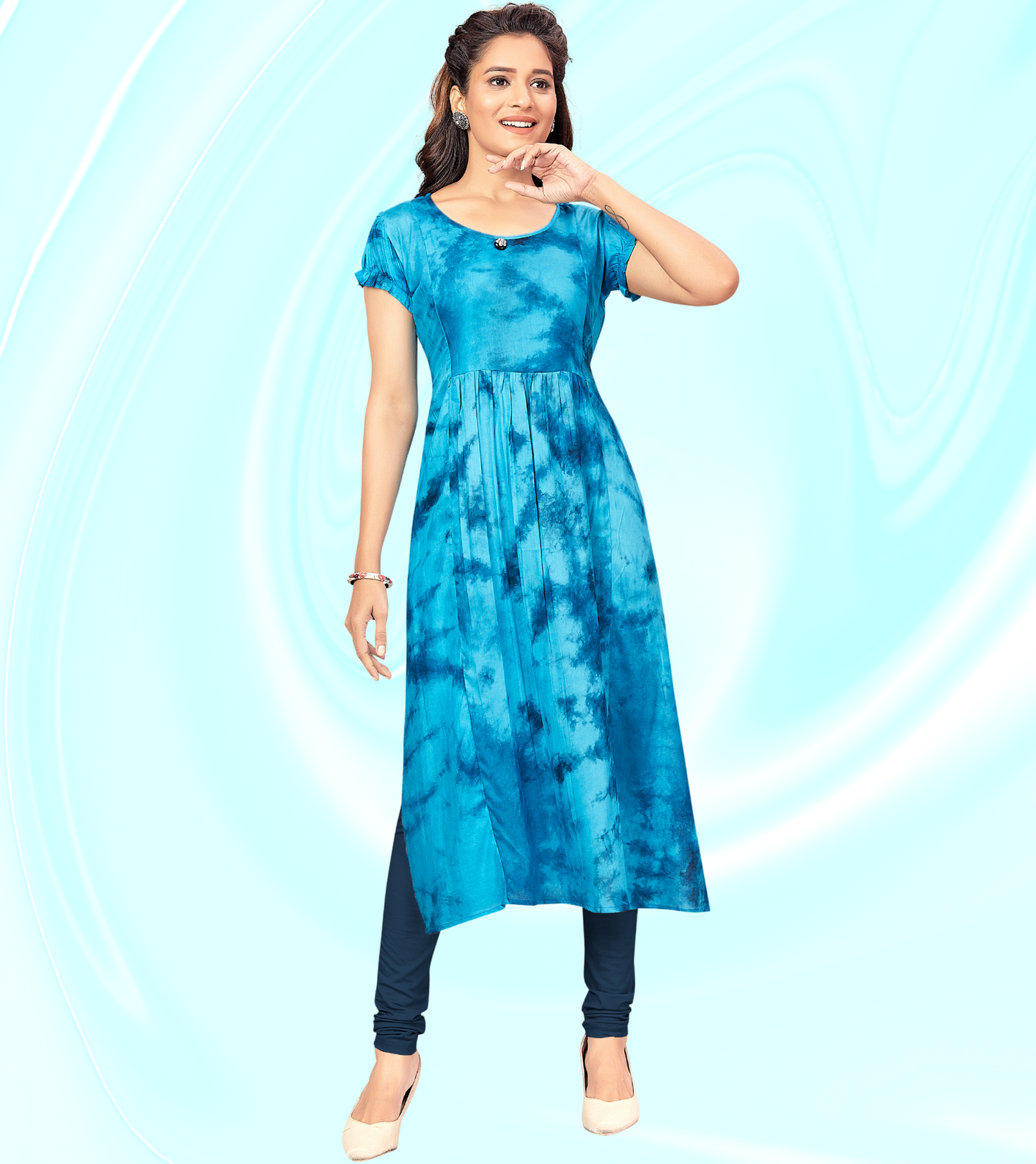 Bright Blue Rayon Printed Straight Feeding Kurta